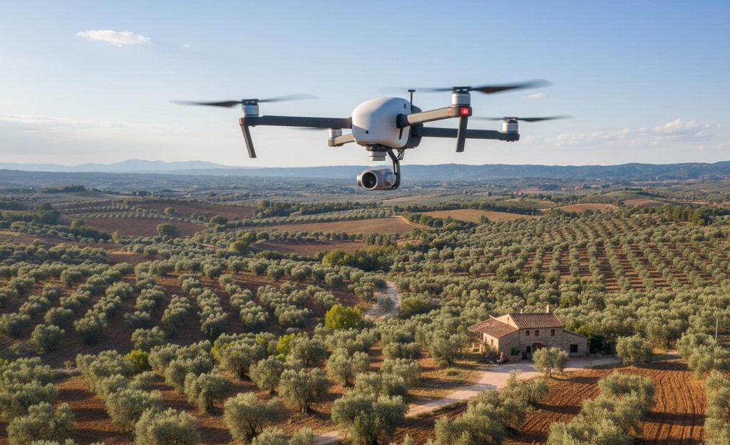 Dron sobrevolando olivar